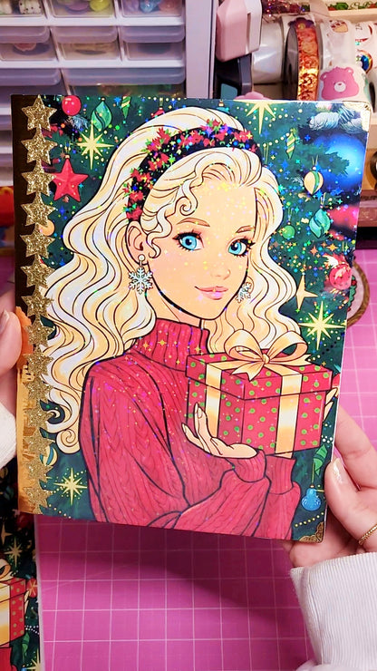 Coloring book with a character holding a gift, surrounded by festive decorations.