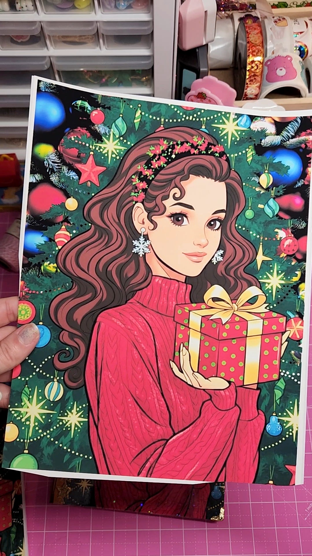 Coloring book page with a girl holding a gift and Christmas decorations.