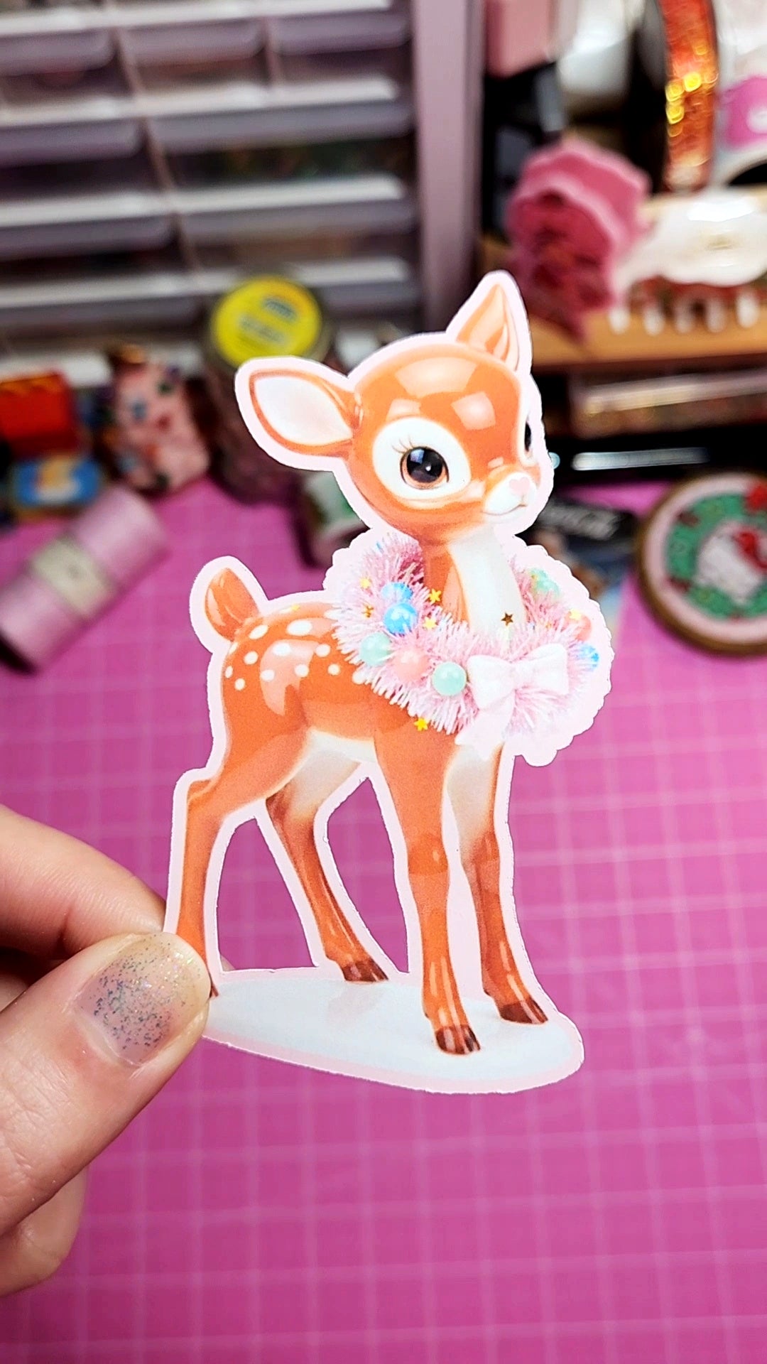 Cartoon deer sticker with floral decorations held by a hand on a pink grid background.