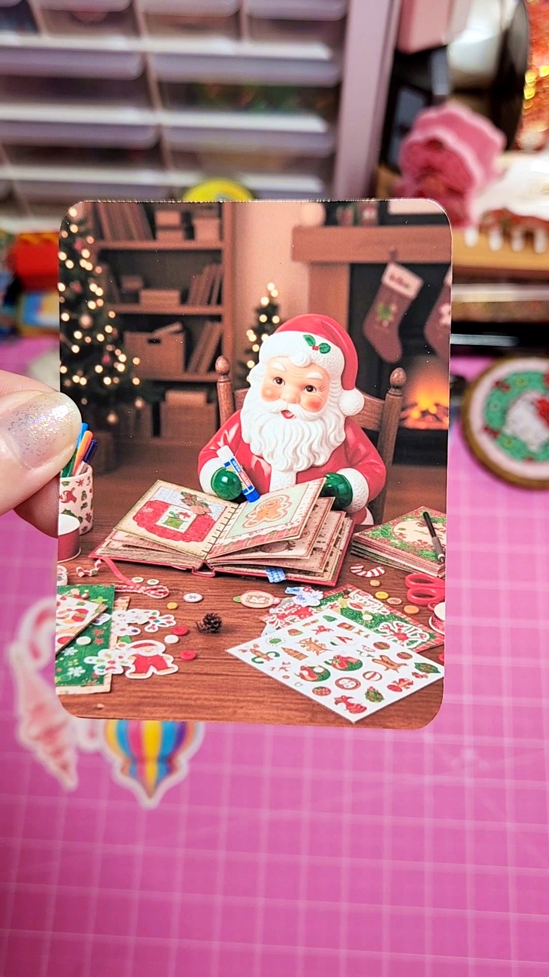 Miniature Santa Claus figure with a book on a table, surrounded by Christmas decorations.