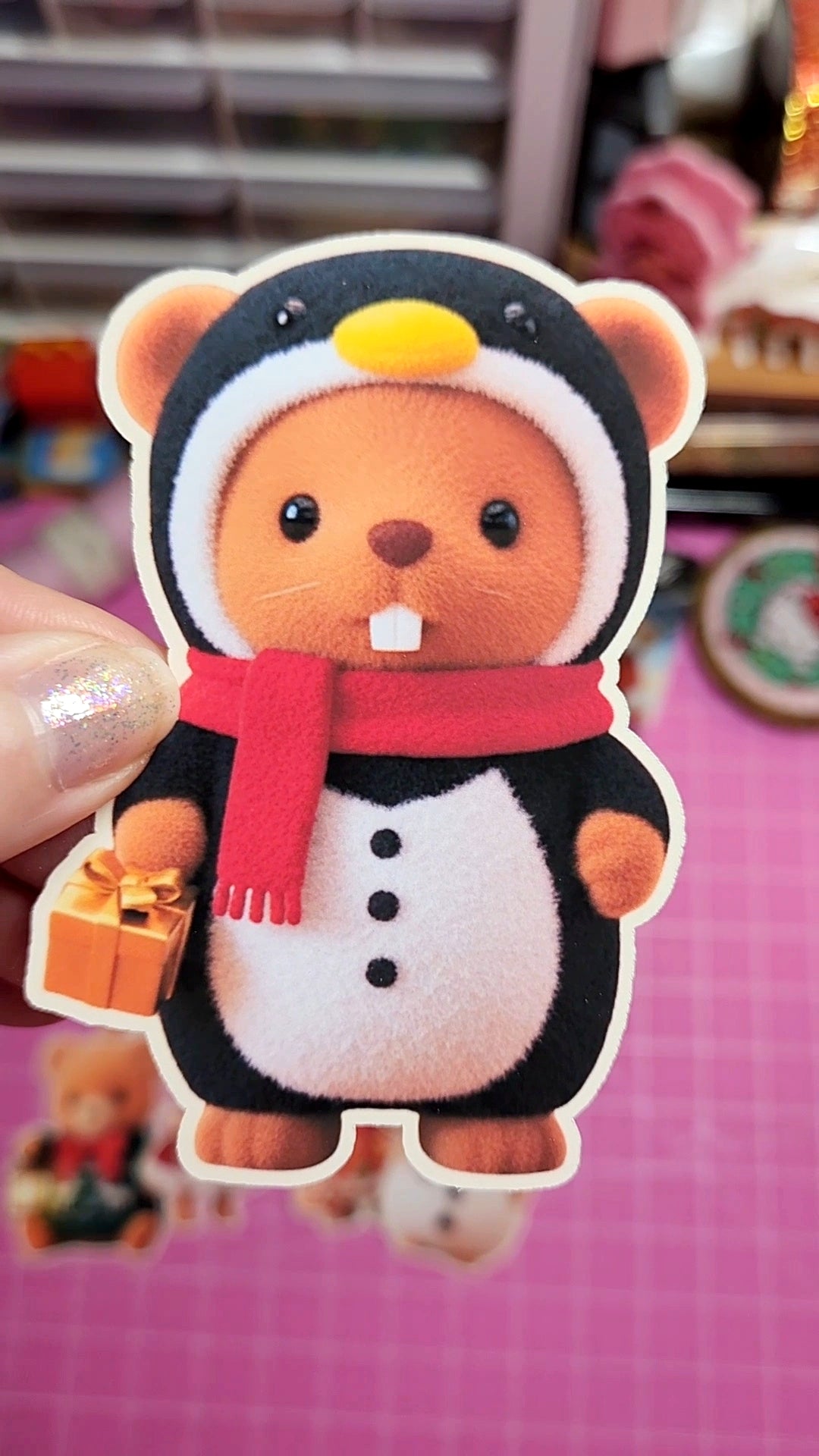 Sticker of a bear in penguin costume held by a hand on a pink background