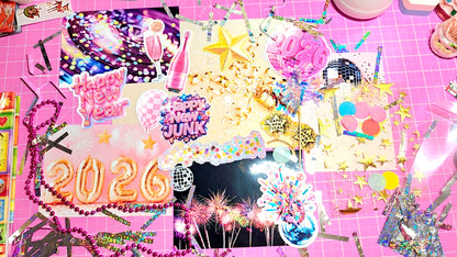 Collection of colorful party decorations on a pink surface with 'Happy New Year 2026' text.