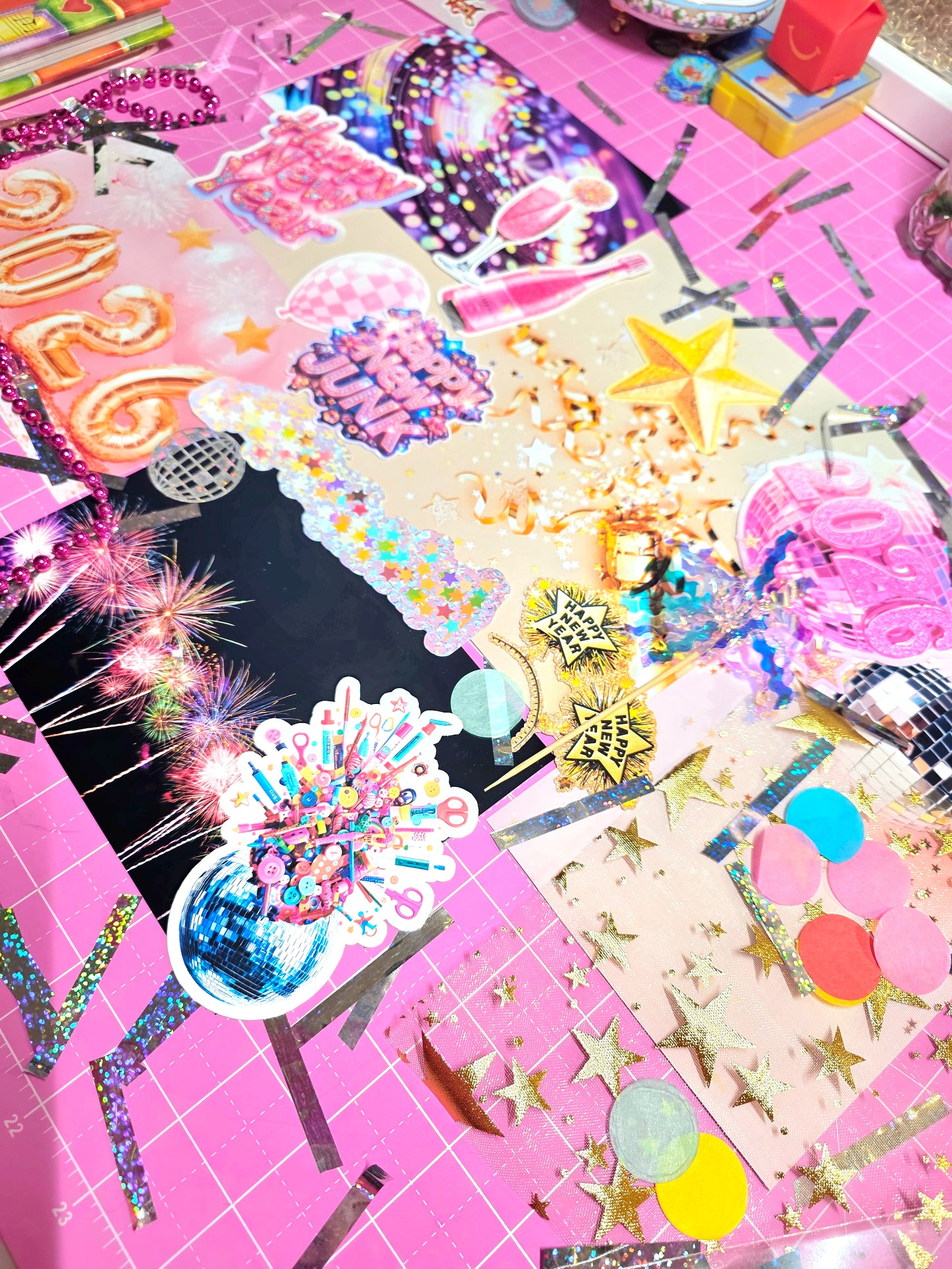Collection of decorative stickers on a pink surface with various designs and colors.