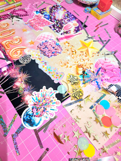 Collection of decorative stickers on a pink surface with various designs and colors.