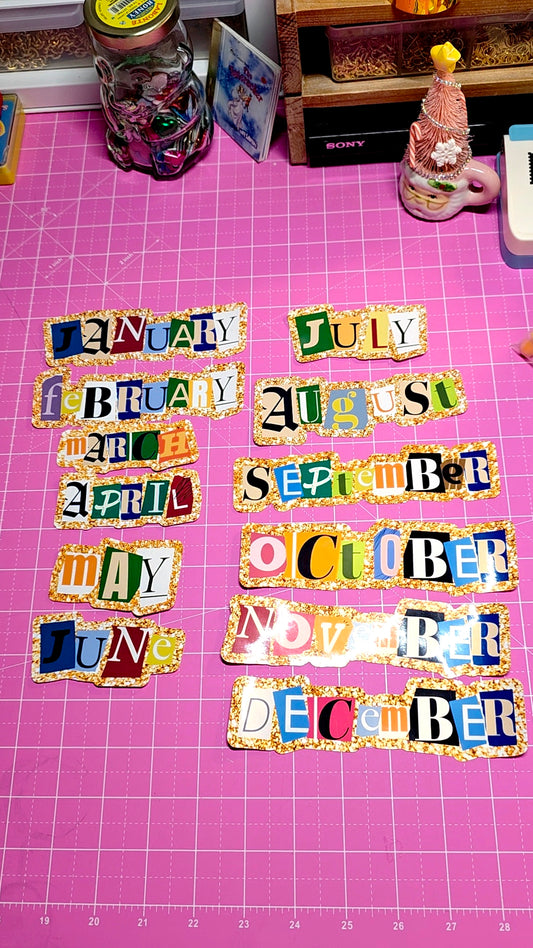 Colorful month names on a pink grid background