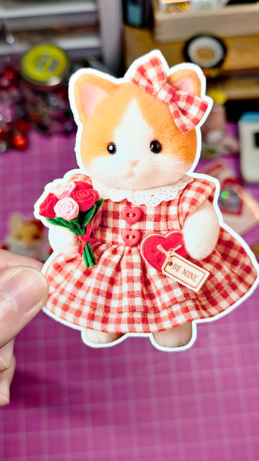 Sticker of a cat in a red checkered dress held by a hand on a pink grid background.