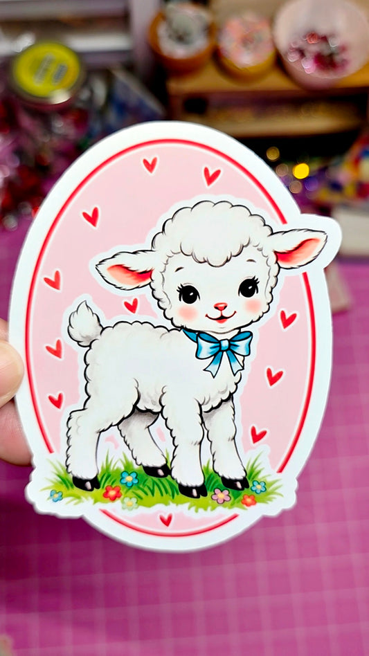 Sticker of a cartoon lamb with a bow tie on a pink background with hearts.