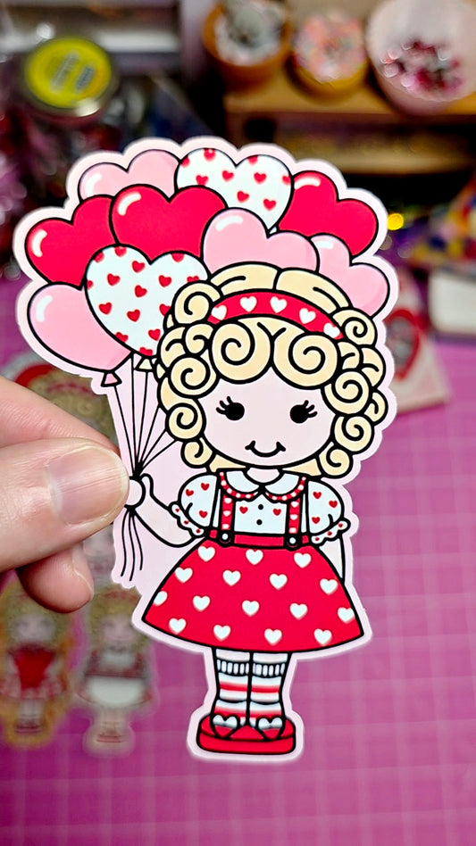 Cartoon character with heart-shaped balloons held against a colorful background