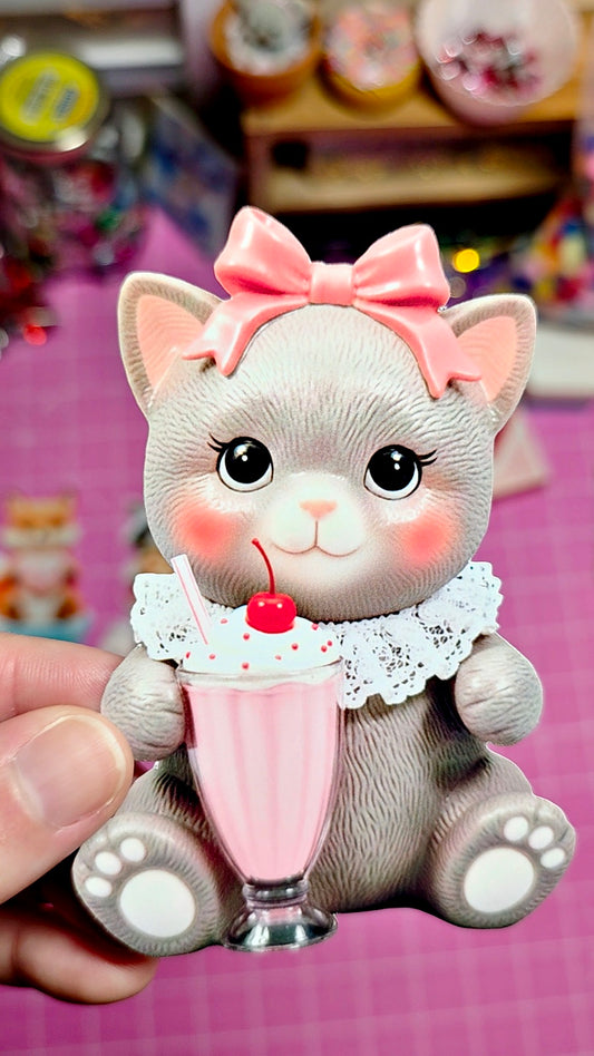 Cat figurine with a pink bow and a milkshake on a pink checkered background