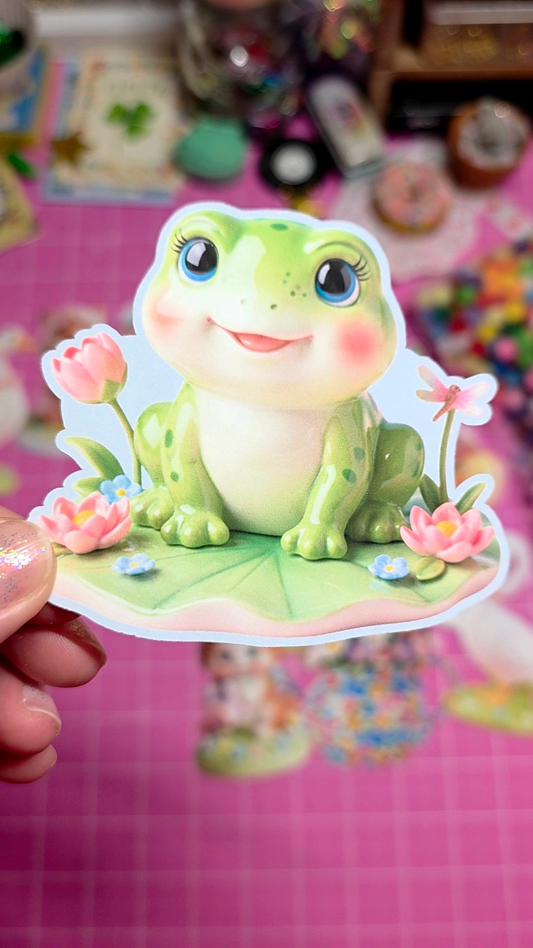 Cartoon frog character with flowers on a colorful background