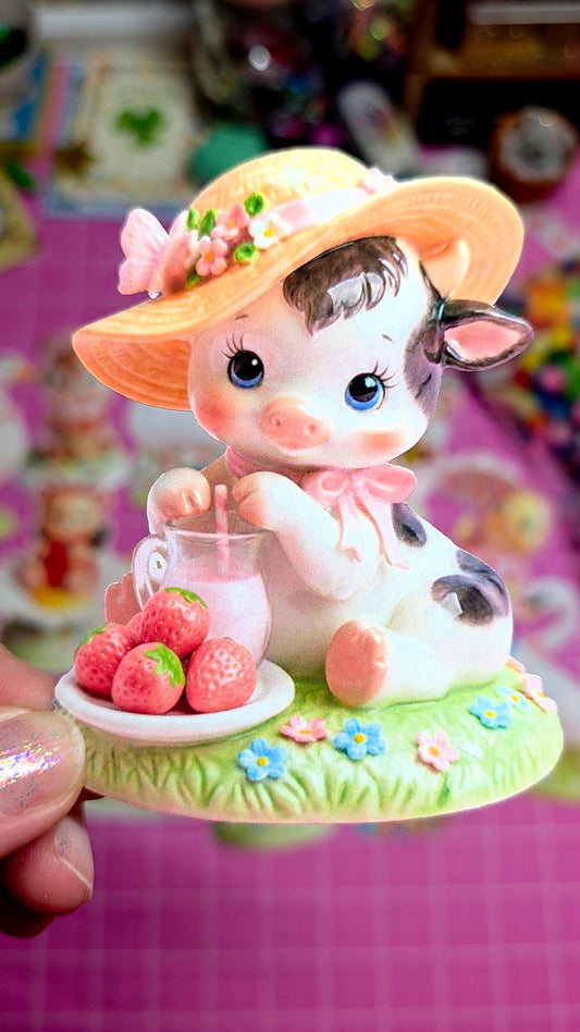 Small figurine of a cow with a hat, holding a glass of milk and strawberries, against a colorful background.