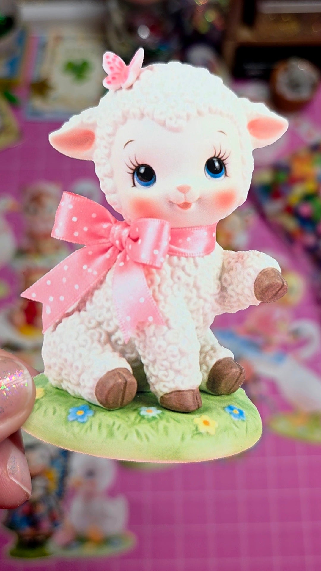 Stuffed toy lamb with a pink bow on a colorful background