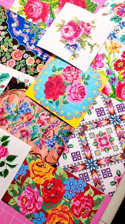 Colorful fabric swatches with floral and geometric patterns.