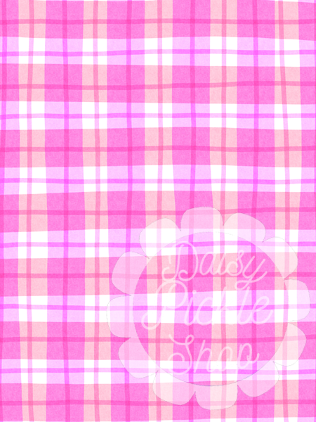 Pink and white plaid pattern with a decorative flower and text overlay on a pink background