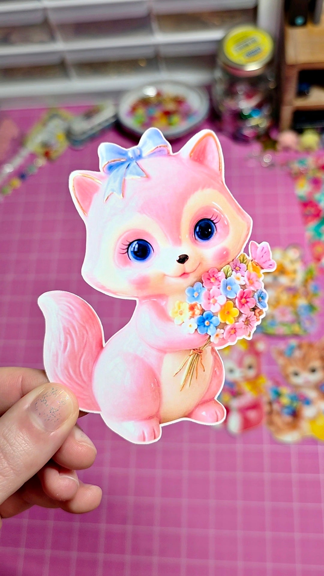 Cartoon fox with a bow and flowers held by a hand on a pink checkered background