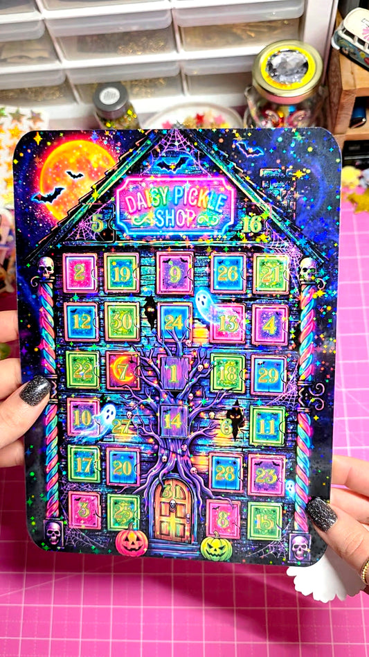 A person holds a highly decorative, iridescent Halloween advent calendar with a haunted house design and glowing neon-style numbers. The background shows a craft workspace with jars and a pink cutting mat.