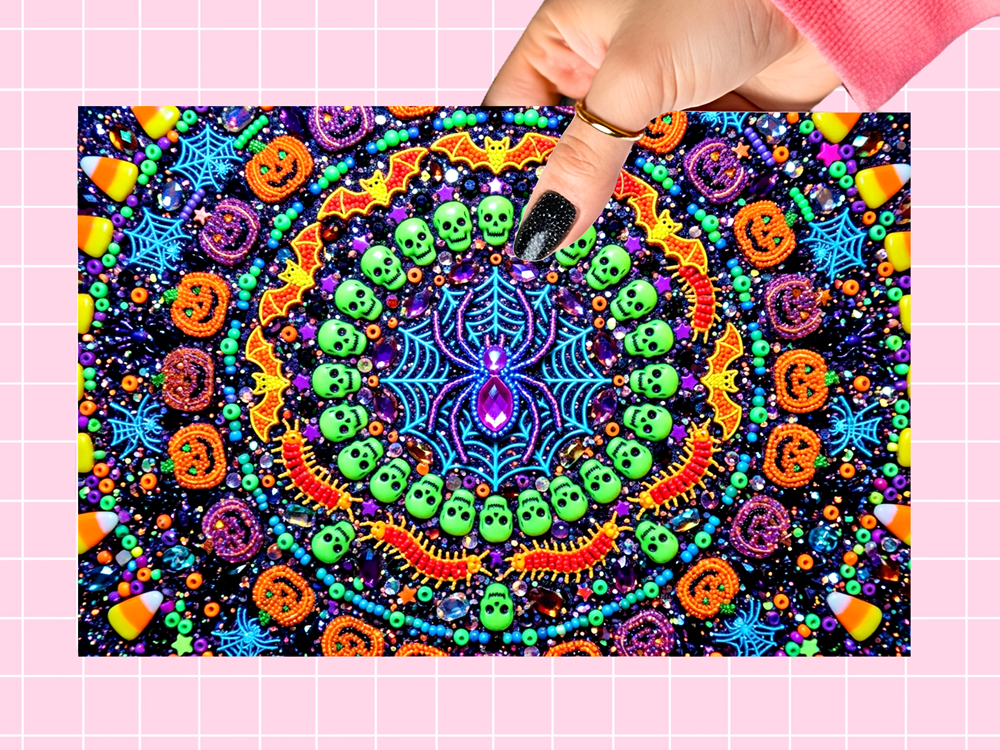 A hand with black glitter nail polish holds a rectangular sheet of colorful Halloween-themed craft glitter or decorative flakes. The design features a vibrant mandala pattern with green skulls, orange jack-o'-lanterns, purple spiderwebs, and candy corn on a dark glittery background, set against a pink grid backdrop.