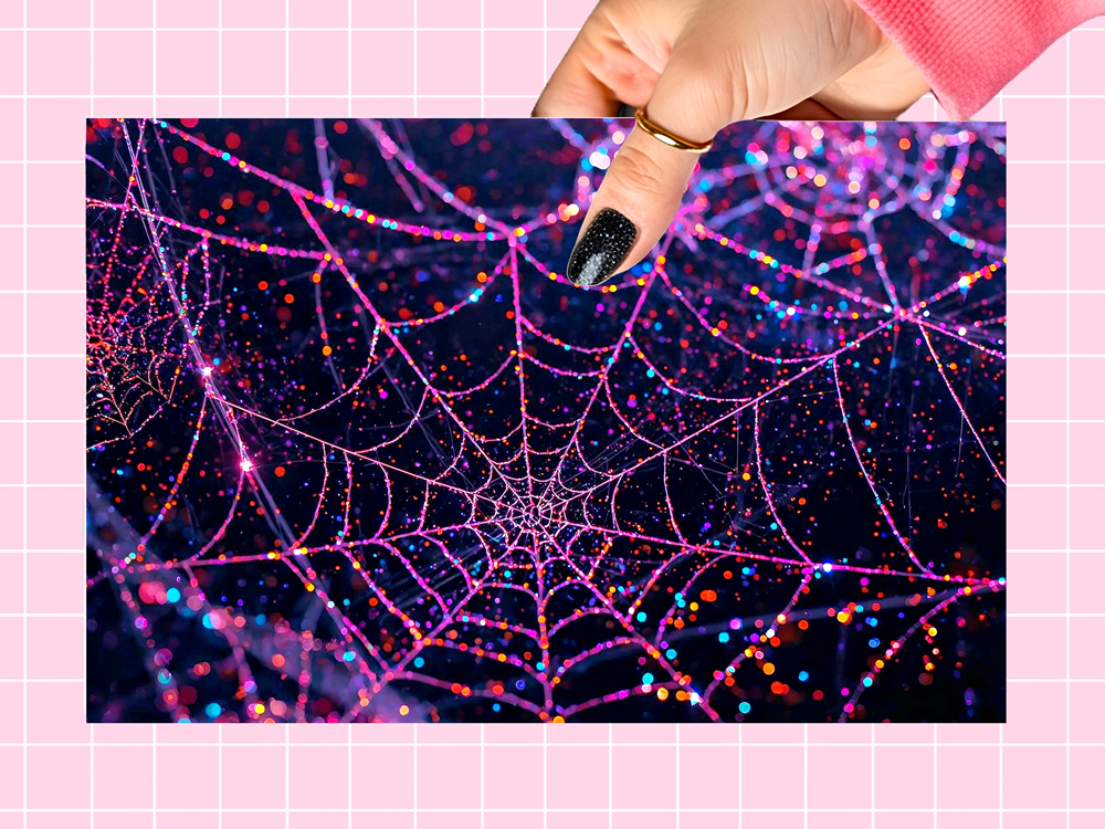 A rectangular art print or poster showing a glittery spiderweb pattern in pink, purple, and blue over a dark background, held by a hand with black glitter nail polish against a pink grid backdrop.