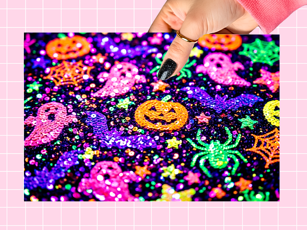 A hand with black glitter nail polish points at a close-up of a sequined fabric featuring colorful Halloween motifs, including pumpkins, ghosts, spiders, and stars on a dark background. The fabric is presented within a pink grid frame.