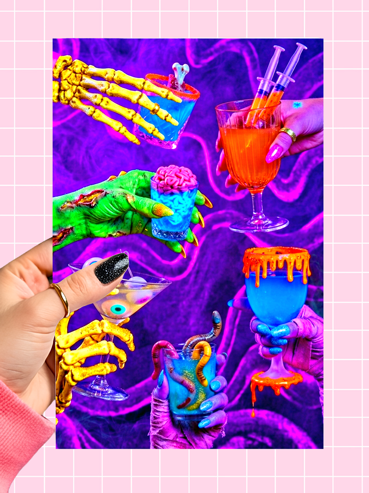 A vibrant, neon-colored graphic print featuring surreal Halloween-themed illustrations, including skeletal hands holding colorful drinks and a brain dessert, set against a purple and pink background with a grid pattern.