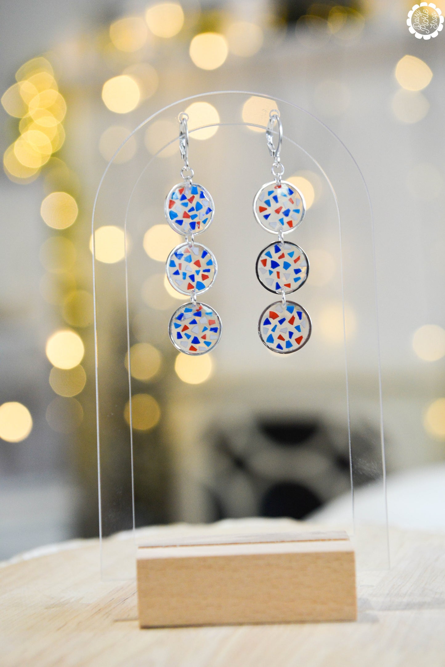 Red White and Blue Terrazzo Circle Stack Earrings  Media 2 of 4