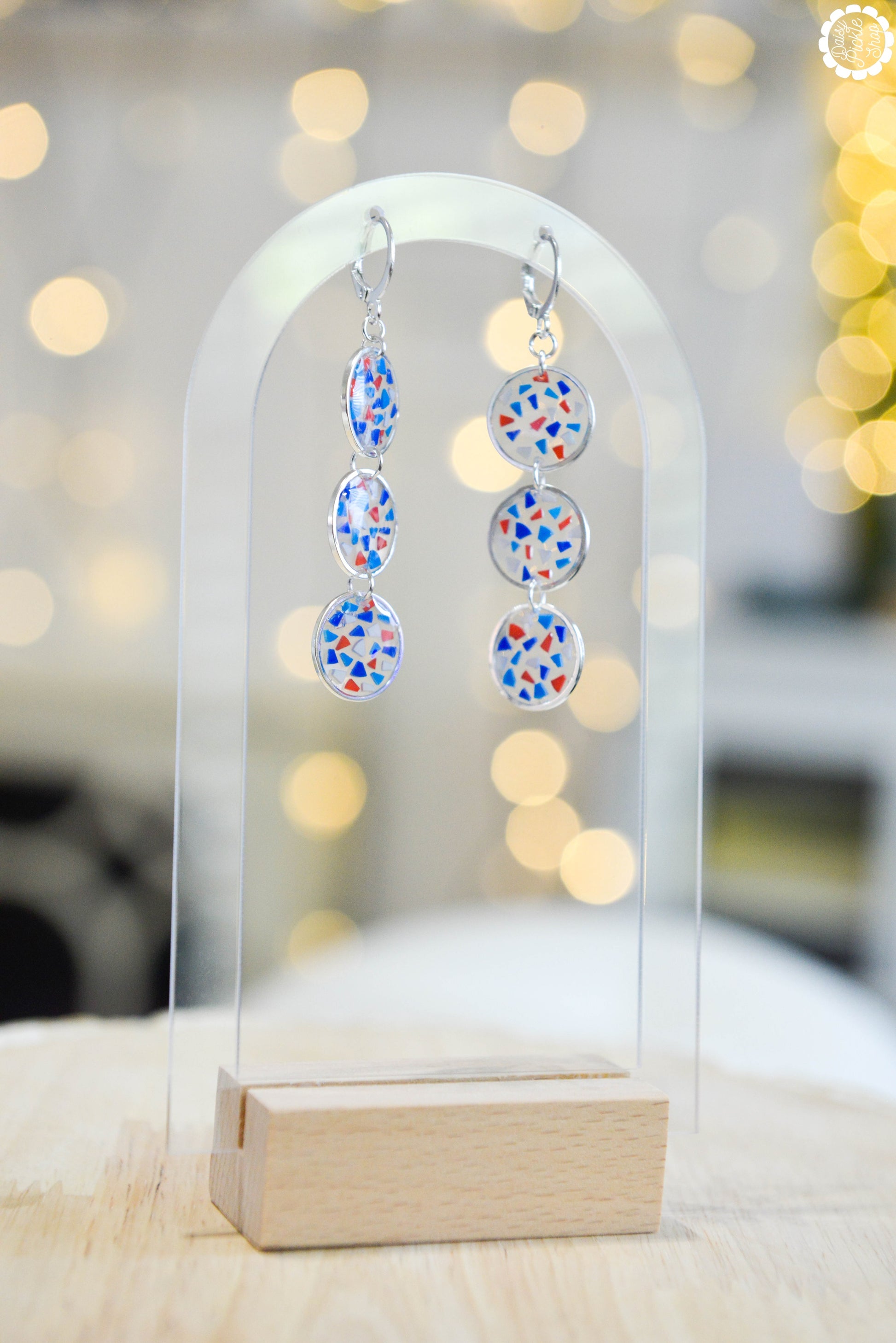 Red White and Blue Terrazzo Circle Stack Earrings  Media 3 of 4