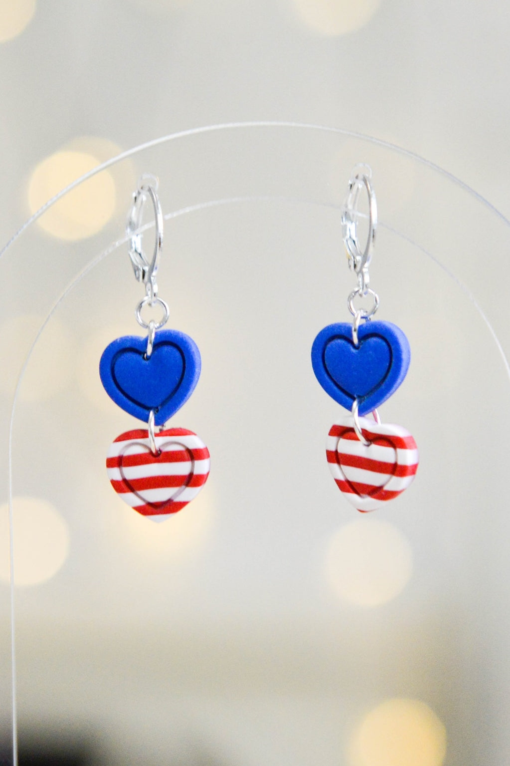 Festive Blue Red Stripe Heart Stack Earrings  Media 1 of 3