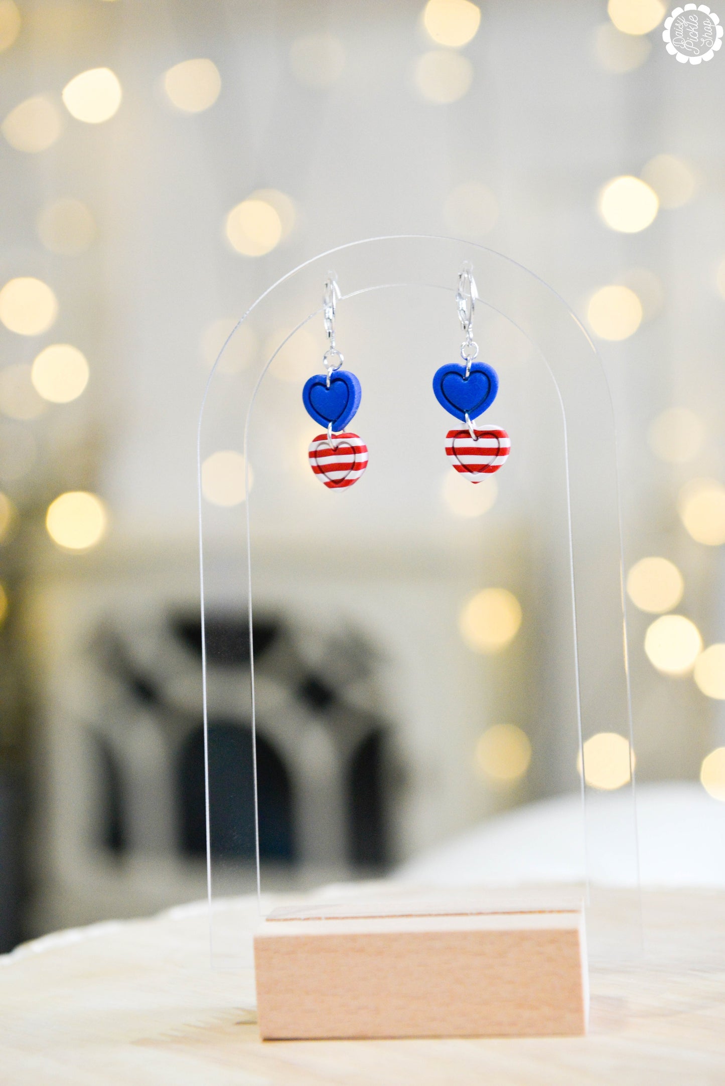 Festive Blue Red Stripe Heart Stack Earrings  Media 2 of 3