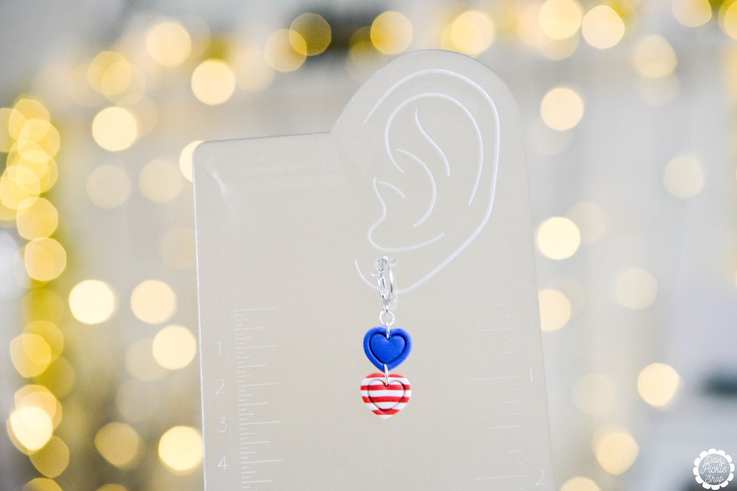 Festive Blue Red Stripe Heart Stack Earrings  Media 3 of 3