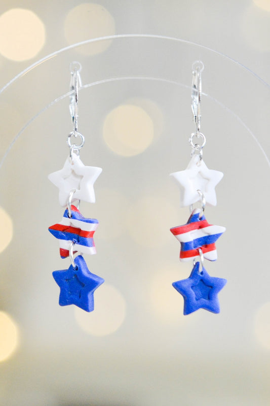 White Stripe and Blue Star Stack Earrings  Media 1 of 3