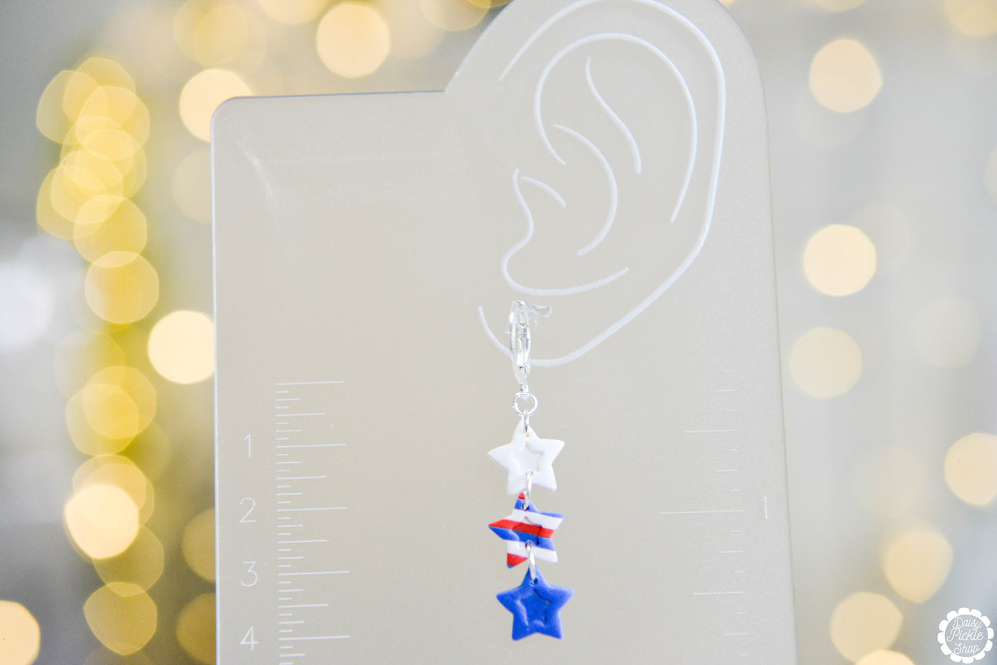 White Stripe and Blue Star Stack Earrings  Media 3 of 3