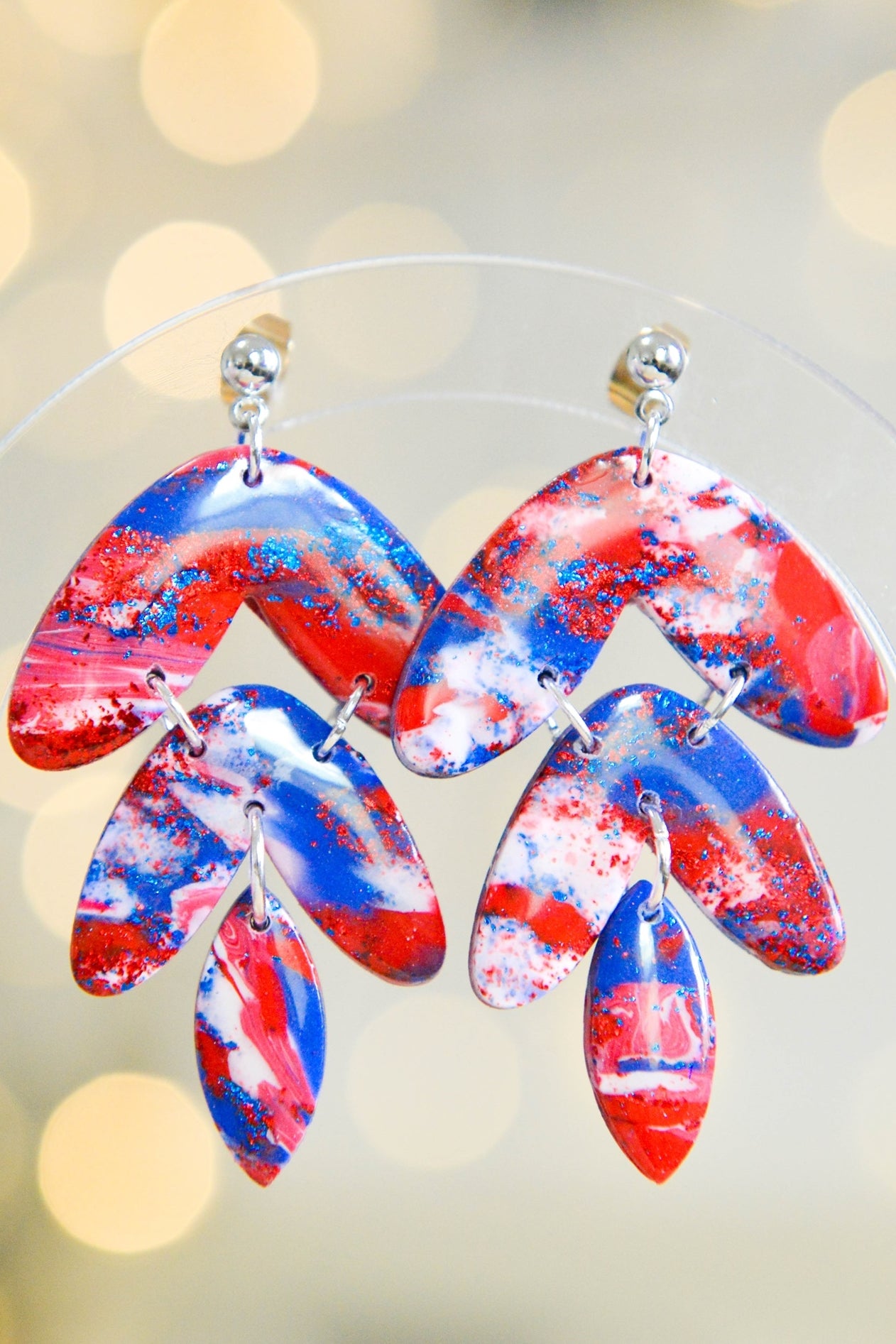 Red White and Blue Marbled Feather Earrings  Media 1 of 3