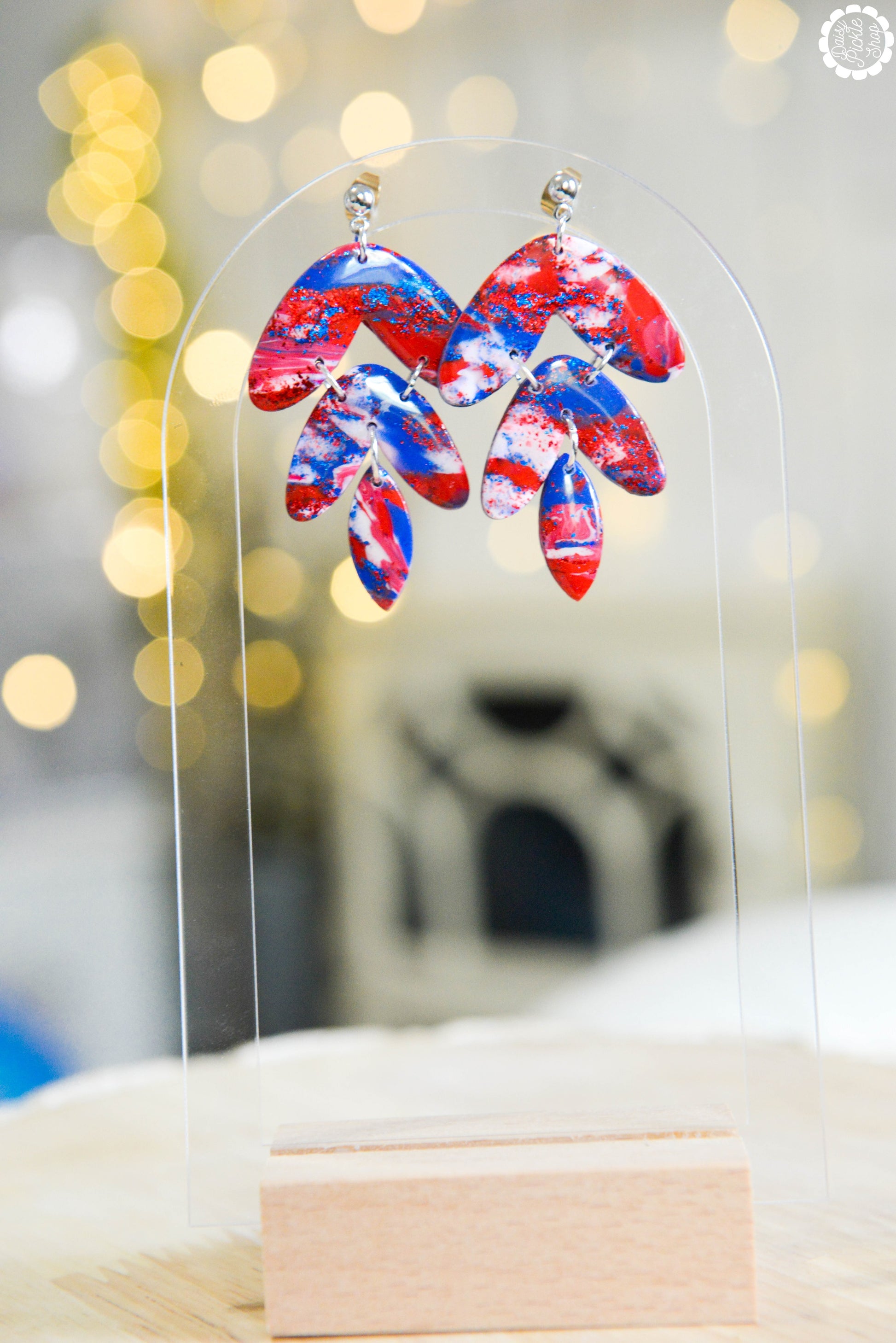 Red White and Blue Marbled Feather Earrings  Media 2 of 3