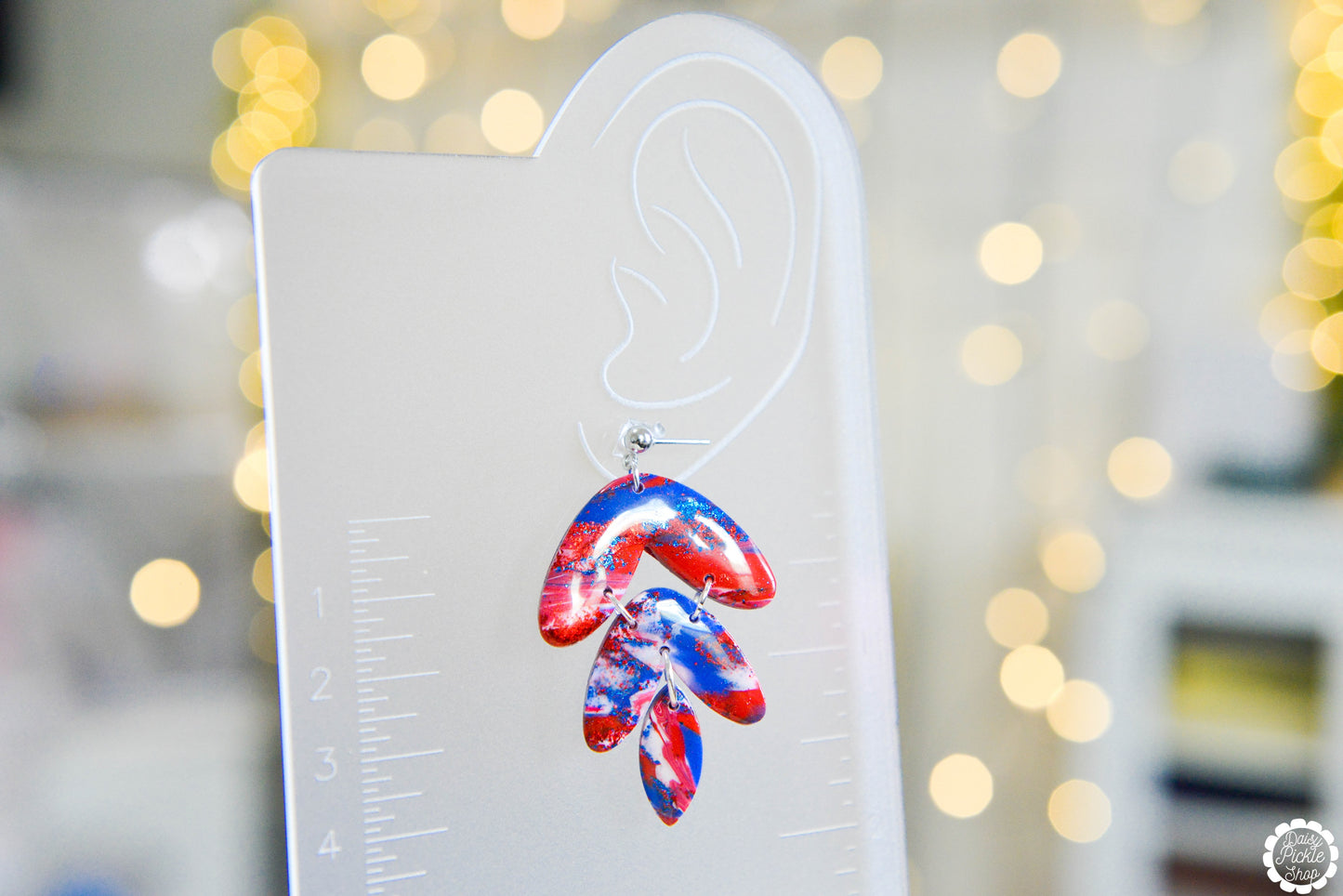 Red White and Blue Marbled Feather Earrings  Media 3 of 3