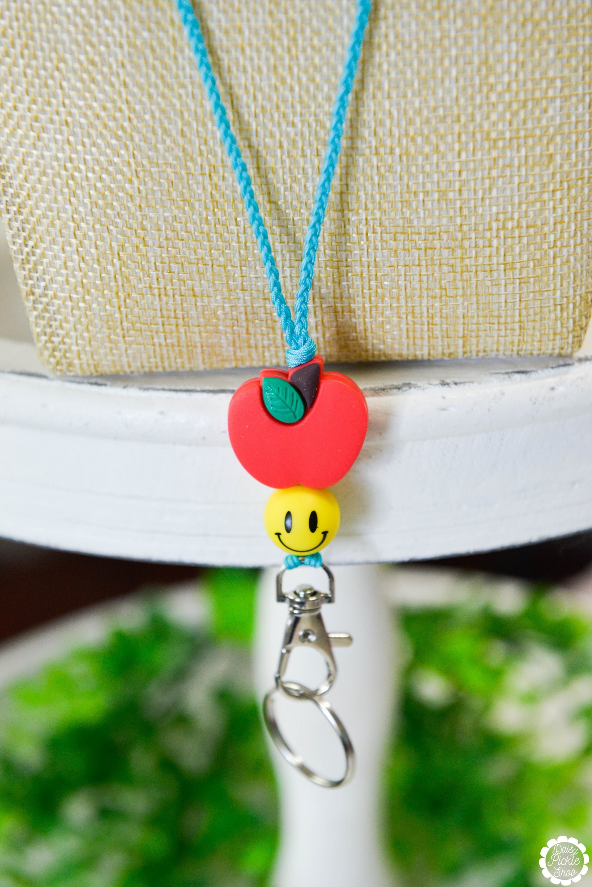 Turquoise Smiley Apple Lanyard