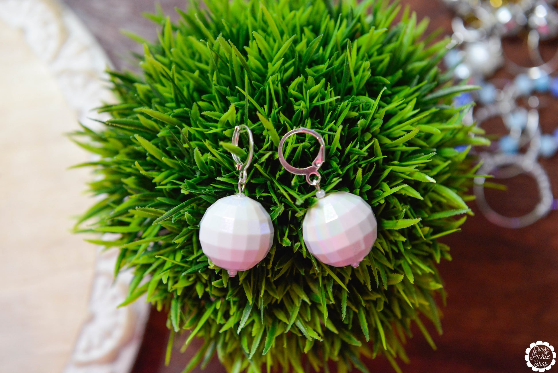 White Iridescent Disco Ball Earrings