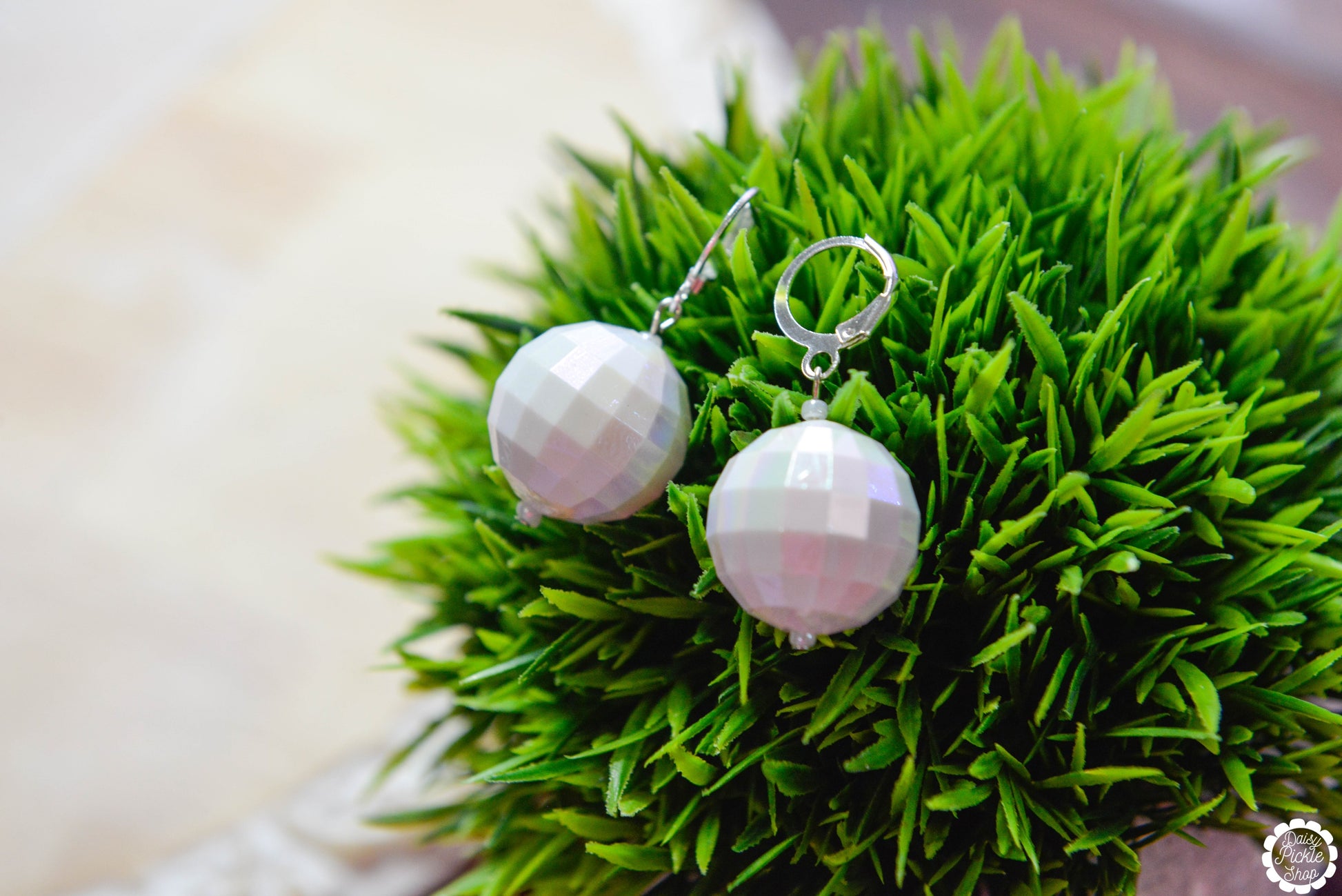 White Iridescent Disco Ball Earrings