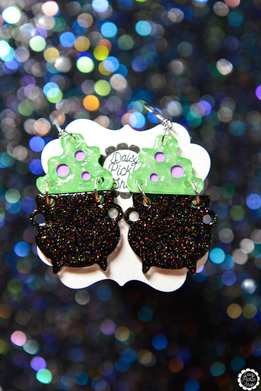 Green Potion Sparkle Cauldron Earrings