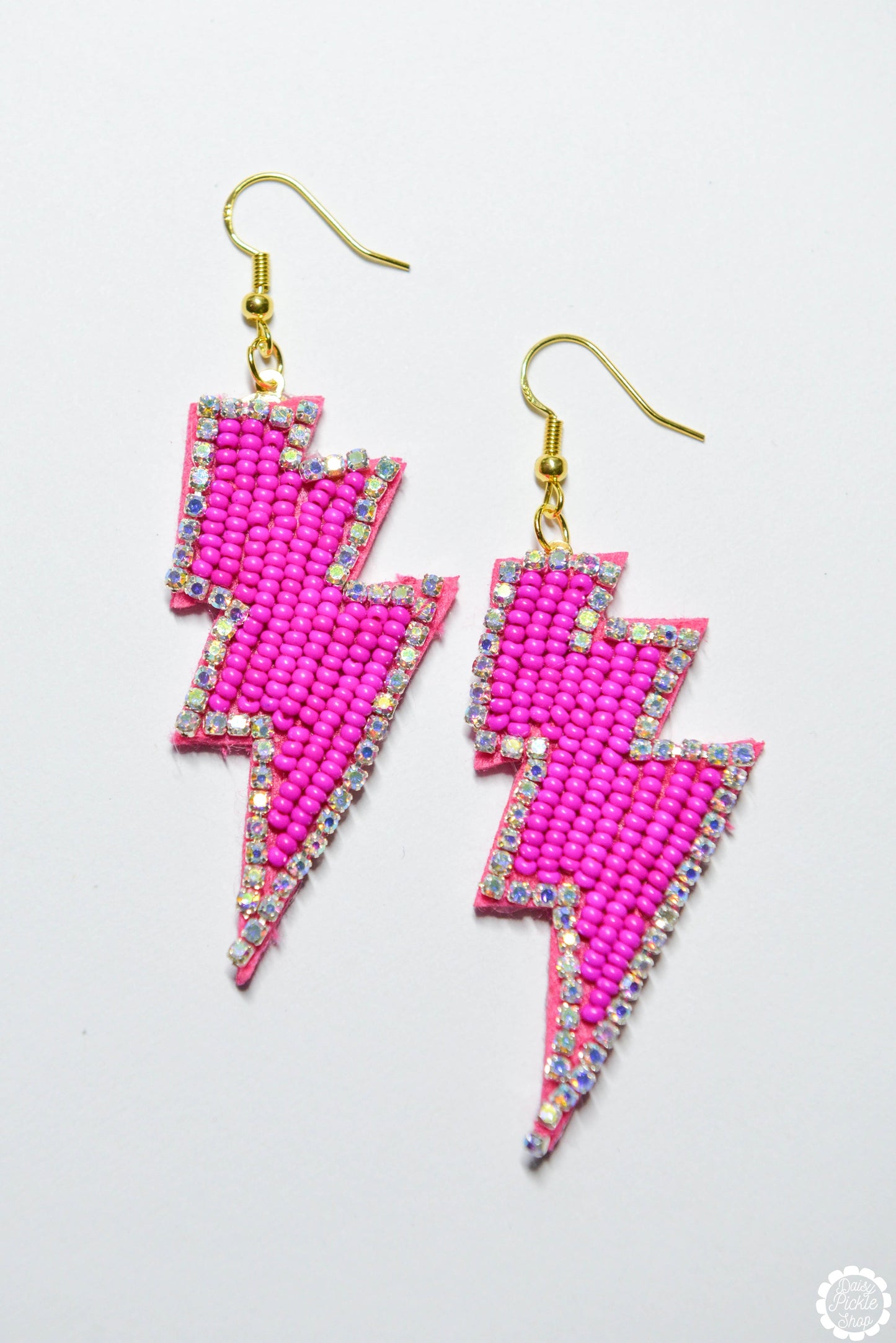 Pink Beaded Lightning Bolt Earrings