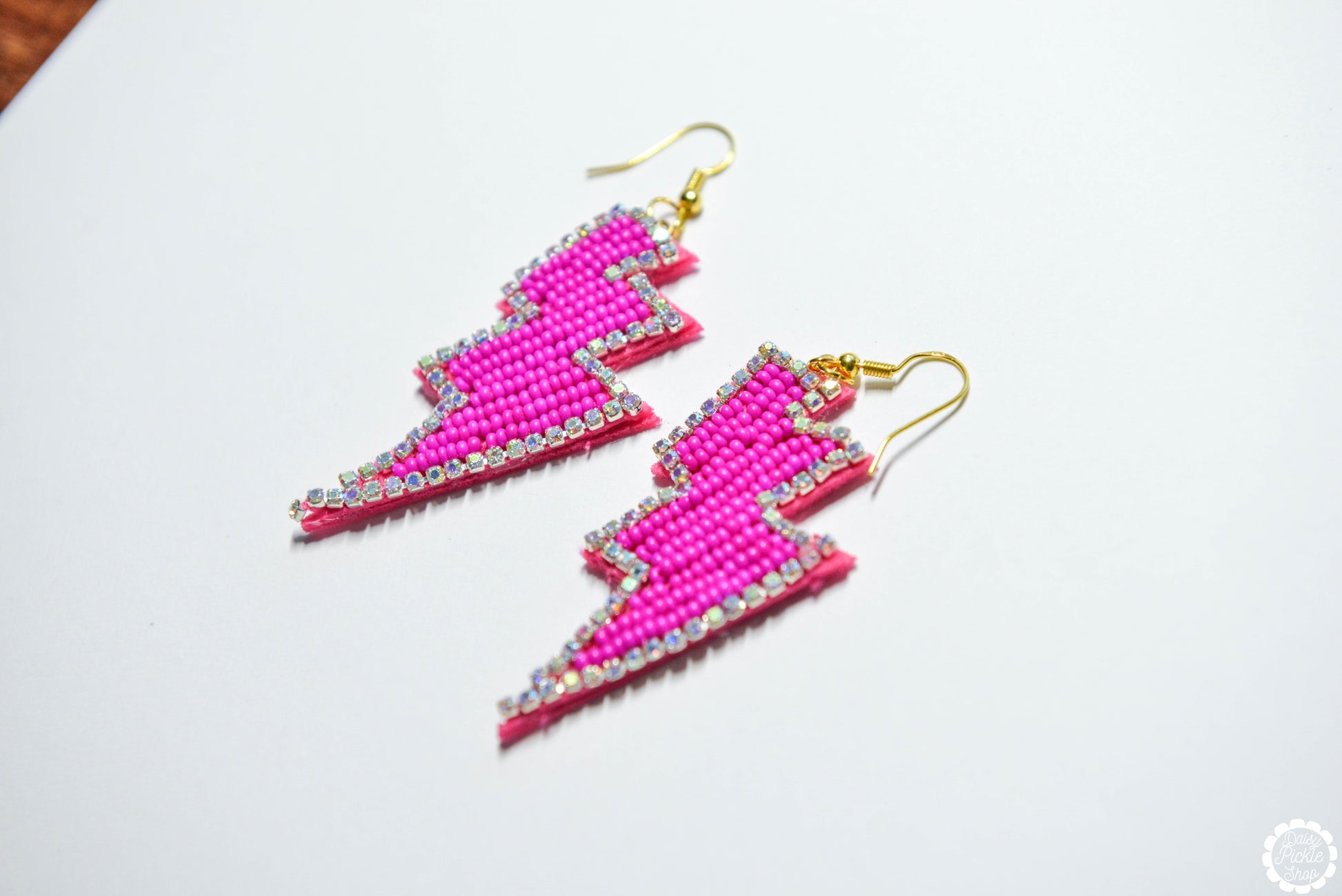 Pink Beaded Lightning Bolt Earrings