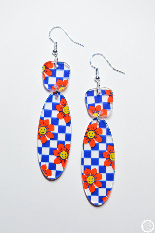 Blue Checkered Daisy Earrings