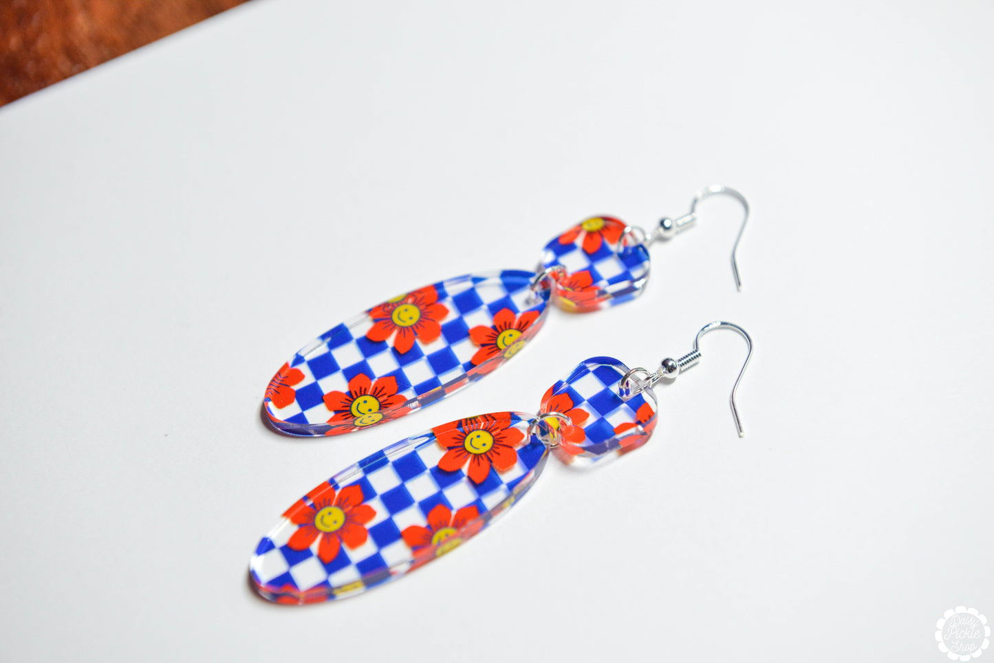 Blue Checkered Daisy Earrings