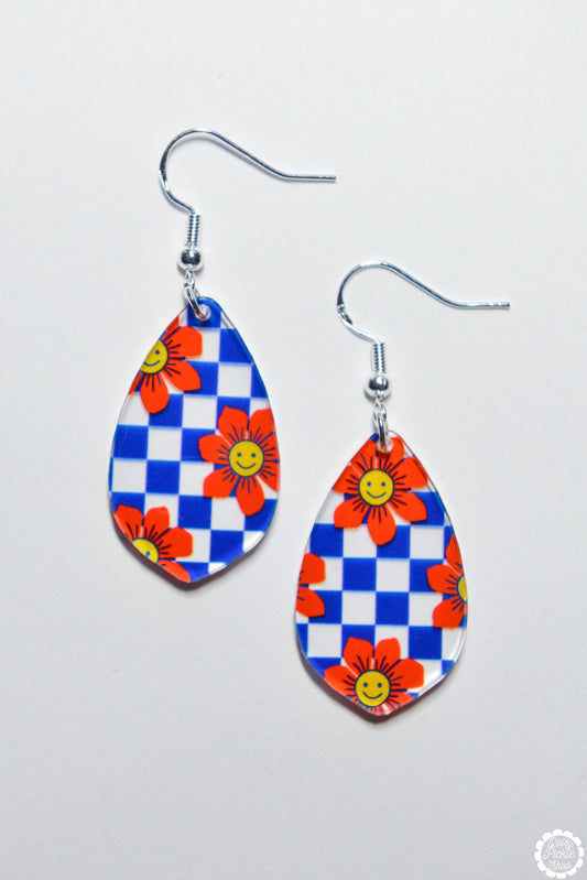 Blue Checkered Daisy Petal Earrings