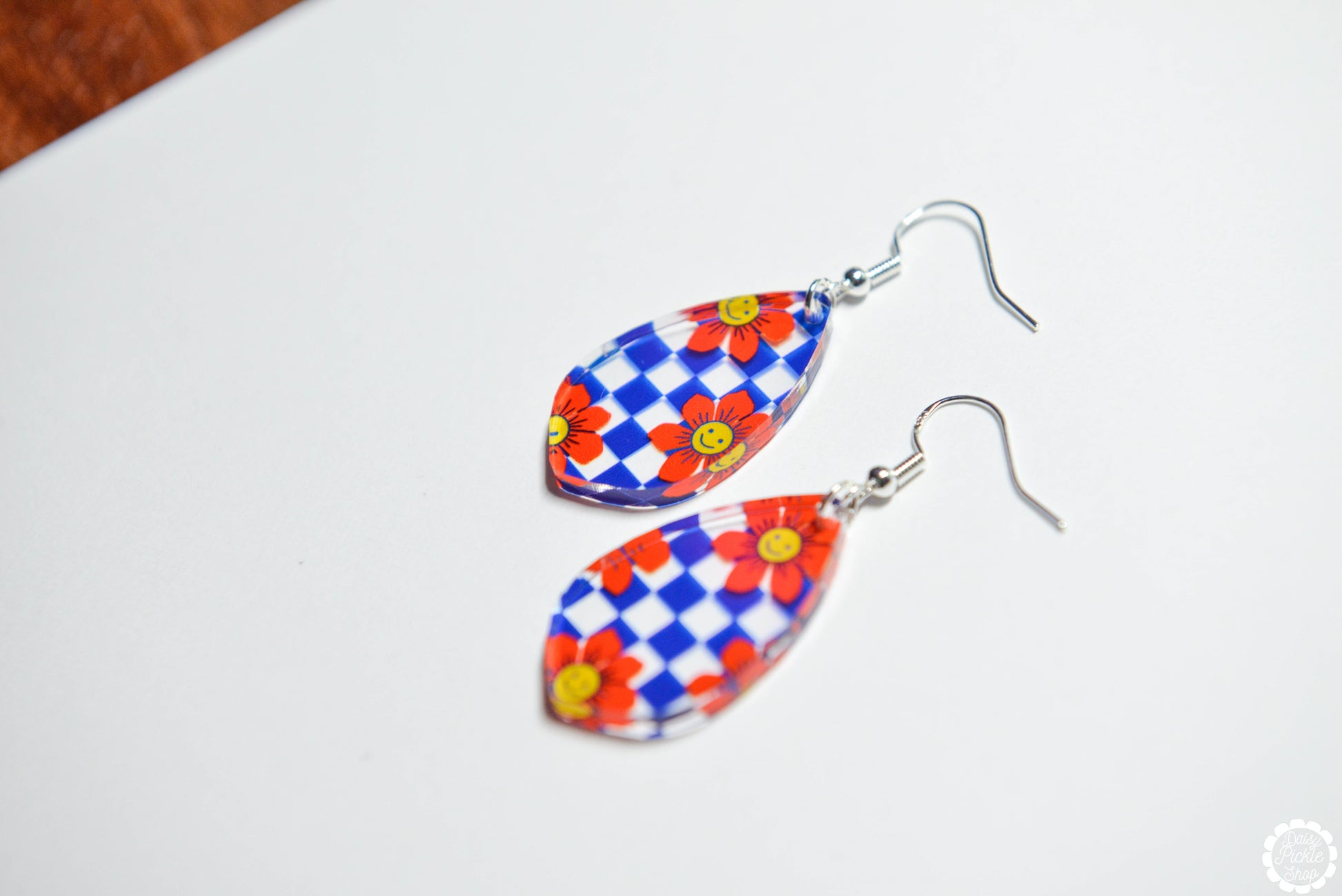 Blue Checkered Daisy Petal Earrings