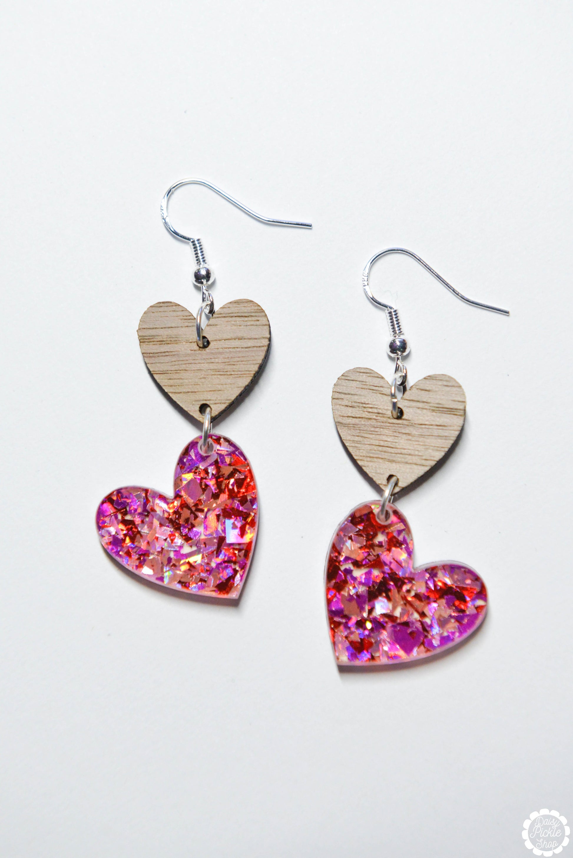 Pink Sparkle Heart Dangle Earrings