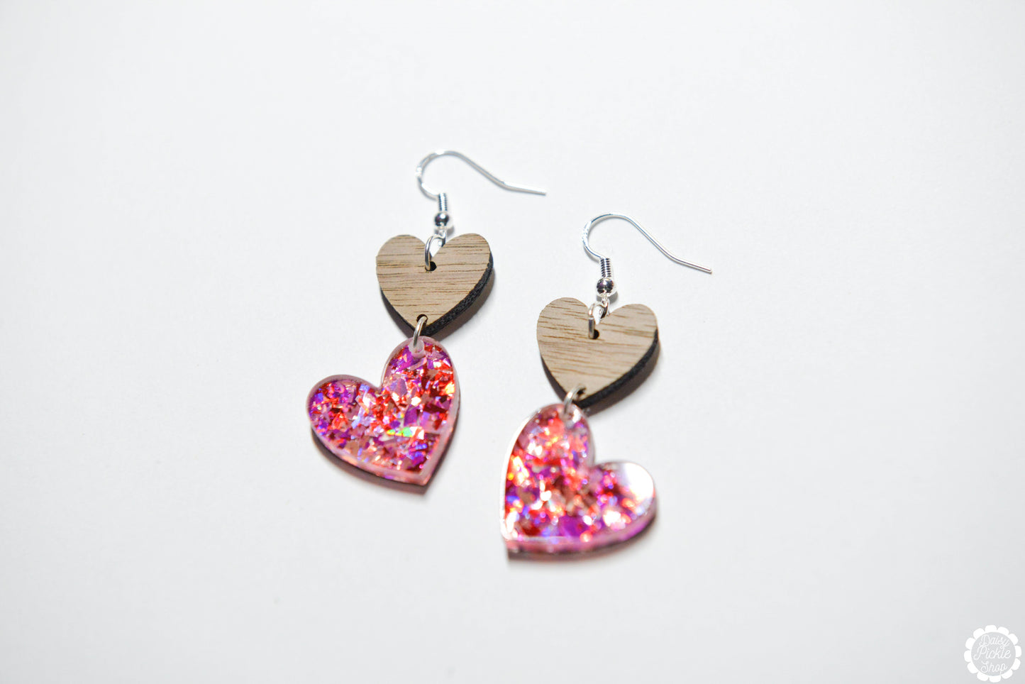 Pink Sparkle Heart Dangle Earrings