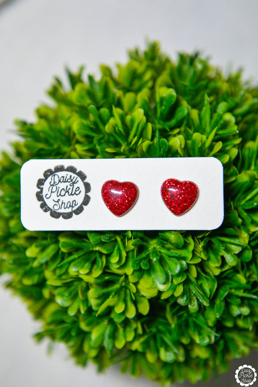 Sparkly Red Heart Stud Earrings