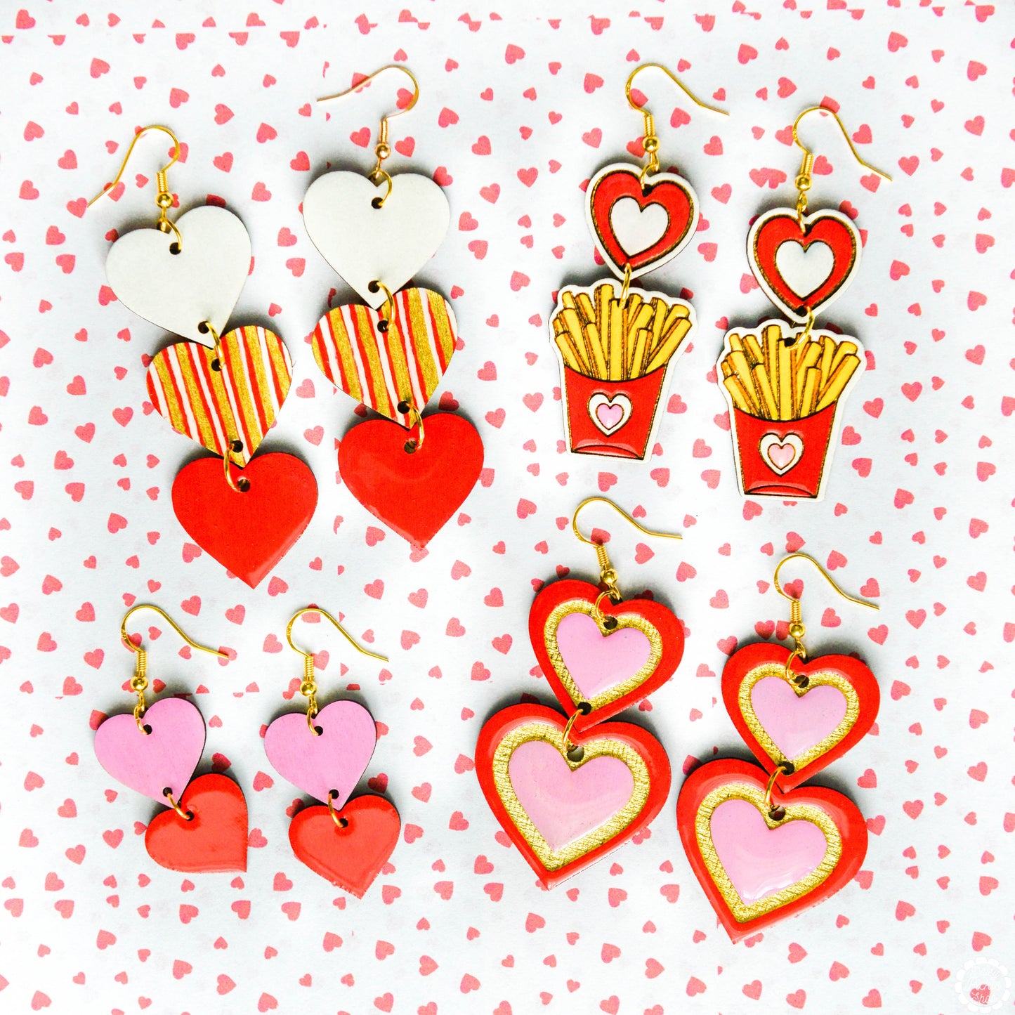 Red and Pink Heart Stack Earrings