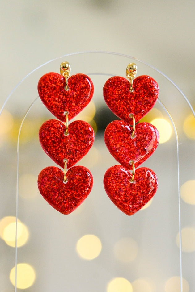 Sparkly Red Heart Dangle Earrings