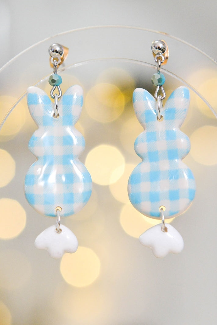 Blue Gingham Bunny Earrings